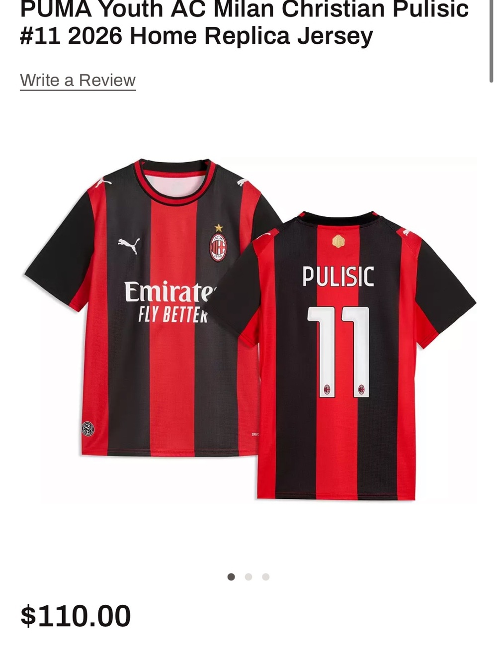 Puma Kids AC Milan Red & Black Pulisic #11 Jersey